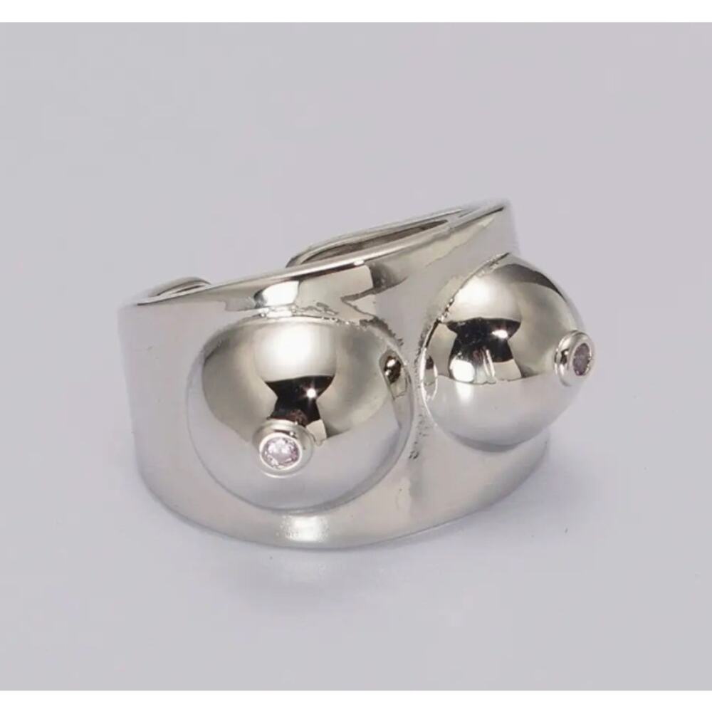Silver Boobs Ring Novelty Breast Cancer Awareness. Or Breastfeeding Adjustable - Picture 1 of 4